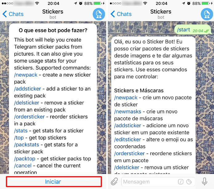 Toque em “Iniciar” para ativar as funcionalidades do perfil automático do Telegram (Foto: Reprodução/Daniel Ribeiro)