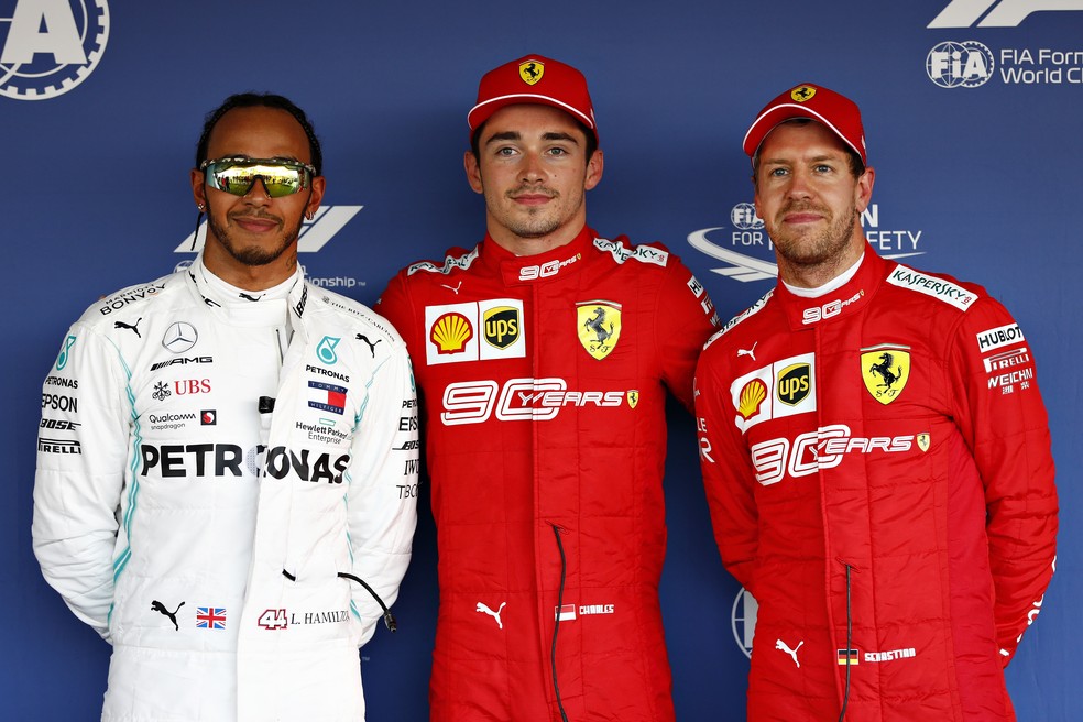 Hamilton, Leclerc e Vettel, os três primeiros no grid em Sochi â€” Foto: Getty Images