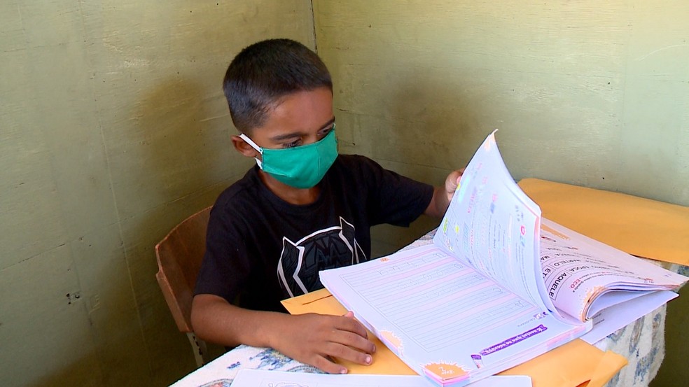 Erick, de 5 anos, melhorou leitura e escrita depois que começou a estudar na casa da árvore feita pela família — Foto: TV Clube