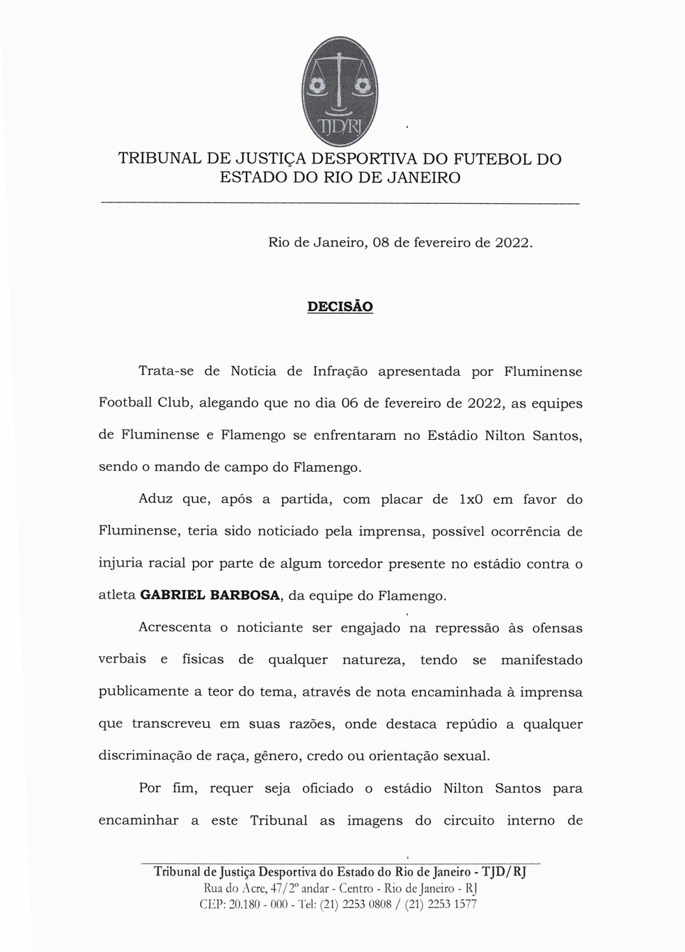TJD-RJ abre inquérito para apurar denúncia de racismo contra Gabigol, do Flamengo — Foto: Reprodução