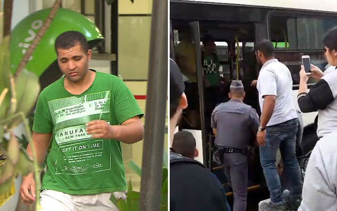 Montagem mostra homem que ejaculou em mulher deixando delegacia e o momento em que ele ficou preso dentro do ônibus
