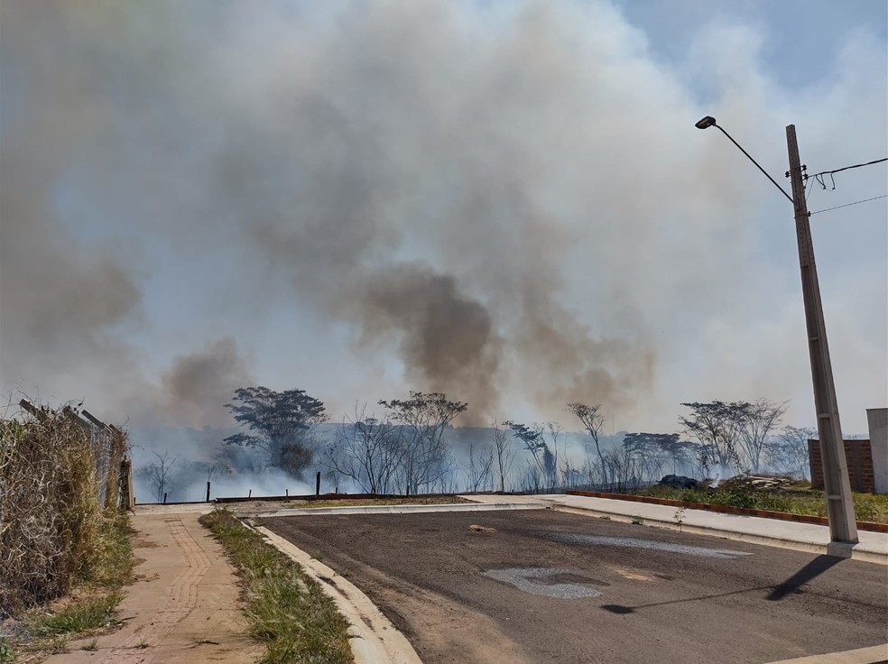 Incêndio chegou próximo às casas e assustou moradores do Residencial Moacyr Trentin, nesta quinta-feira (19) — Foto: Marcos Penteado Trentin