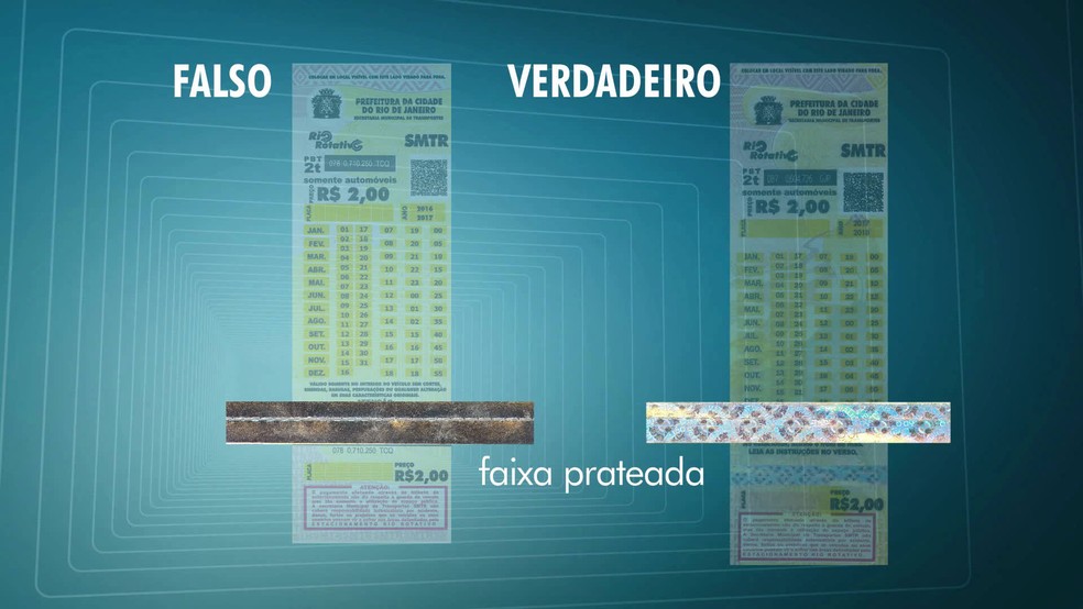 Talão verdadeiro tem a cor mais forte e faixa de segurança diferente (Foto: Reprodução/TV Globo)
