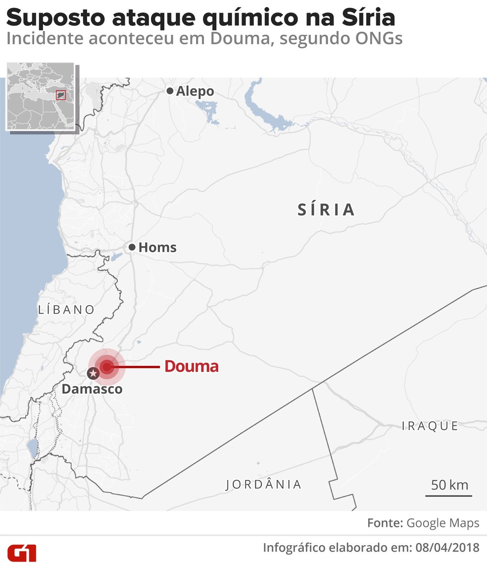 Suposto ataque quÃ­mico ocorreu na SÃ­ria (Foto: Alexandre Mauro/G1)