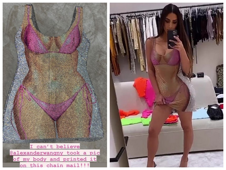 A socialite Kim Kardashian ganhou de presente de aniversário um vestido com estampa das curvas dela dentro de um biquíni (Foto: Instagram)