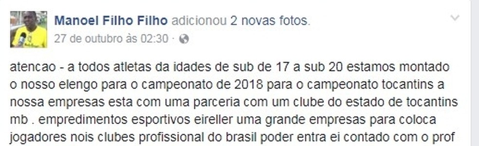 Em postagem Manoel convida jovens jogadores para campeonatos em 2018 (Foto: Facebook/Reprodução )