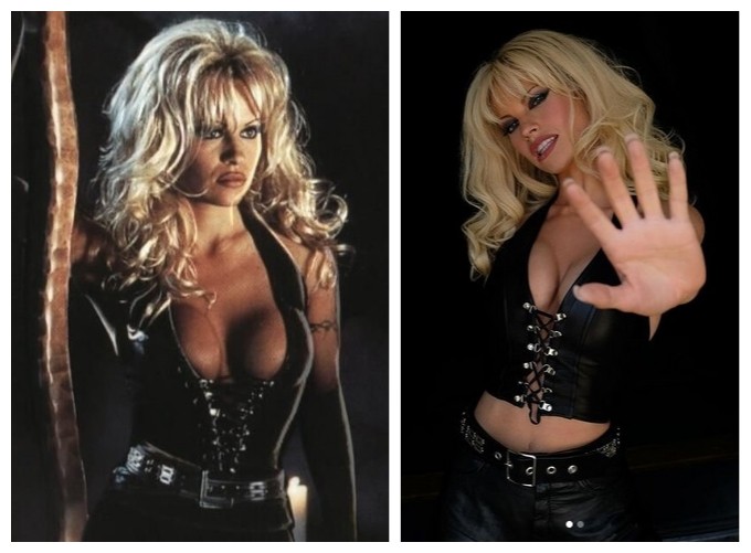 A atriz Pamela Anderson com seu figurino no filme Barb Wire - a Justiceira (1996) e a atriz Lily James com o mesmo look na série em que interpreta a Anderson (Foto: Reprodução/Instagram)