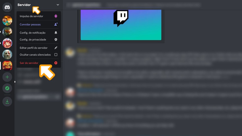 When clicking on the name of the server, some options will appear, select "Leave the server" in Discord — Photo: Reproduction/Rafael Monteiro