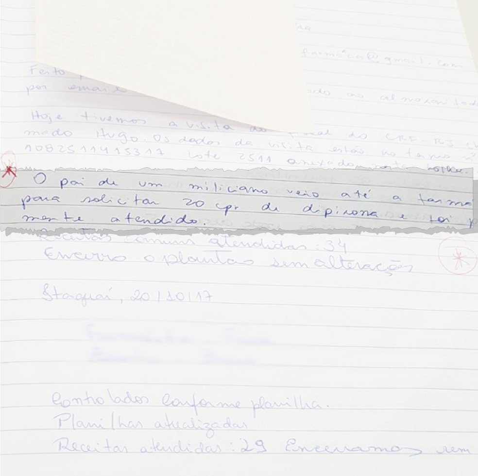 Outro registro no livro de farmácia: pai de miliciano foi "prontamente atendido" ao buscar dipirona (Foto: Reprodução/Arquivo Pessoal)