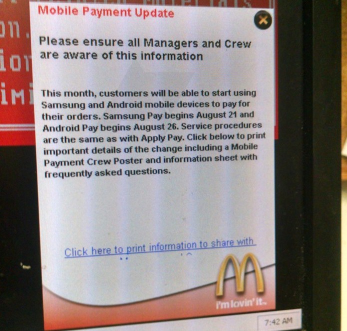 Comunicado no McDonalds que indica lançamento do Android Pay (Foto: Reprodução/Android Police)