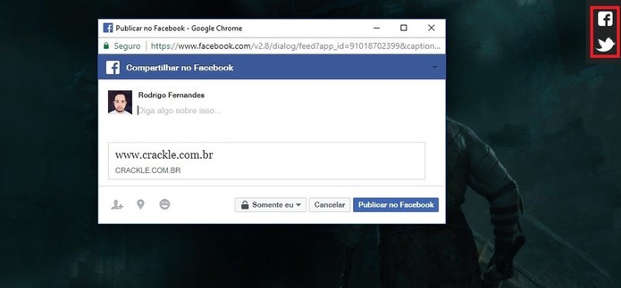 Crackle permite compartilhar o que está assistindo no Facebook e no Twitter (Foto: Reprodução/Rodrigo Fernandes) Crackle permite compartilhar o que está assistindo no Facebook e no Twitter (Foto: Reprodução/Rodrigo Fernandes)