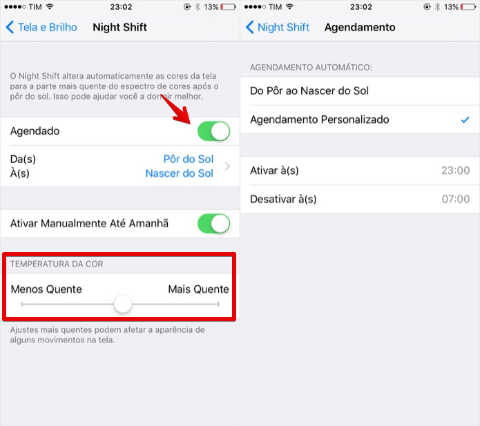 Configurando o modo noturno do iOS 9.3 (Foto: Reprodução/Helito Bijora) 