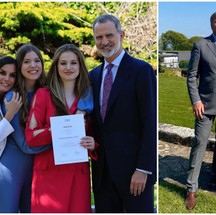 Da esquerda para a direita: princesa Leonor da Espanha com seus pais (os reis) e a irmã e a princesa Alexia da Holanda com seus pais (os reis)  — Foto: Reprodução/Redes sociais
