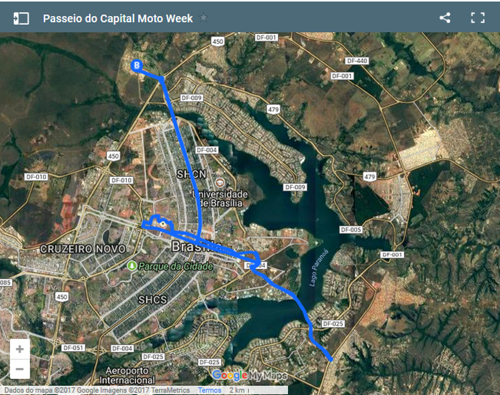 Percurso previsto para passeio motociclístico neste sábado (29) em Brasília. (Foto: Reprodução)