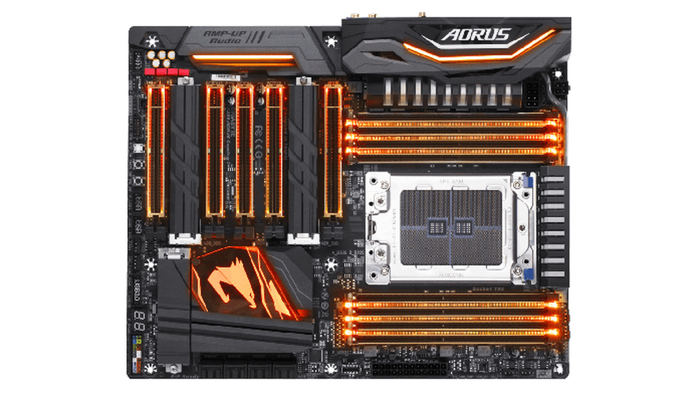 Chipset X399, da AMD, oferece suporte aos Threadripper em placas como a Aorus da Gigabyte. X299, da Intel, recebe os i9 (Foto: Divulgação/Gigabyte)