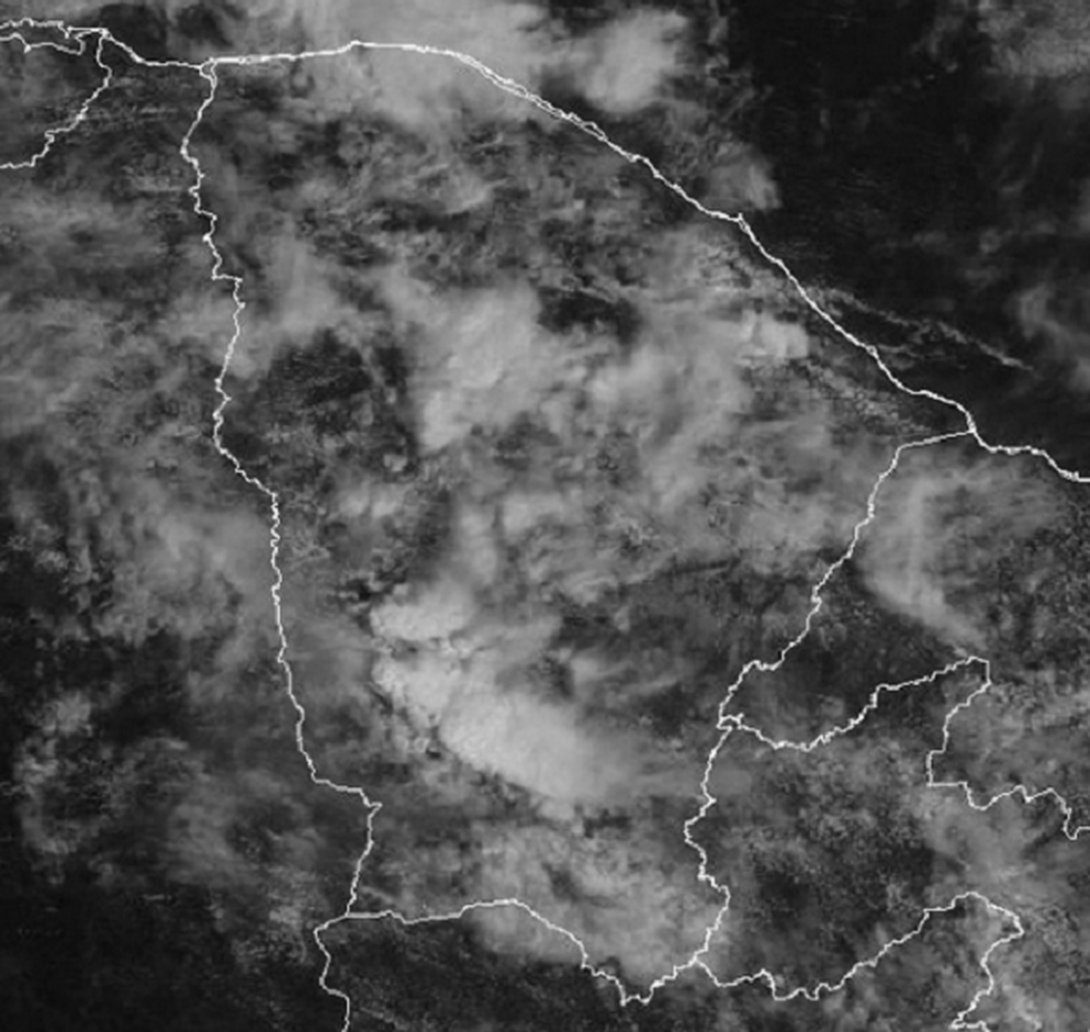 Imagem de satélite indica a presença do aglomerado de nuvens do tipo cumulonimbus na região sul do Ceará. (Foto: FOTO: CPTEC)