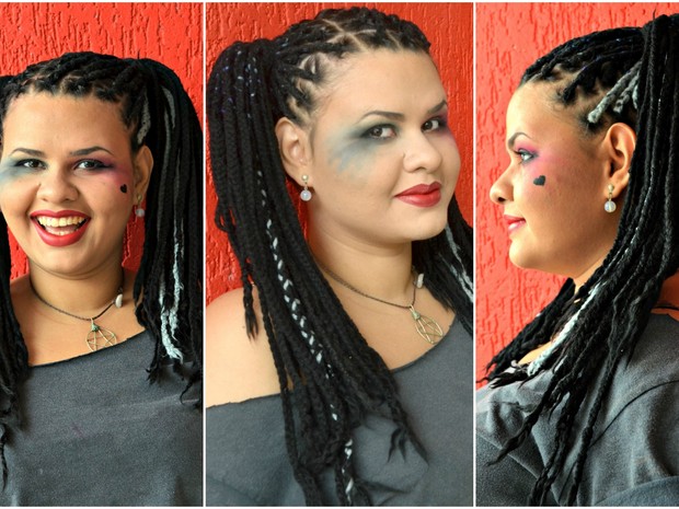 Personagem Arlequina, do longa Esquadrão Suicida, é a inspiração para a maquiagem  (Foto: Quésia Melo/G1)