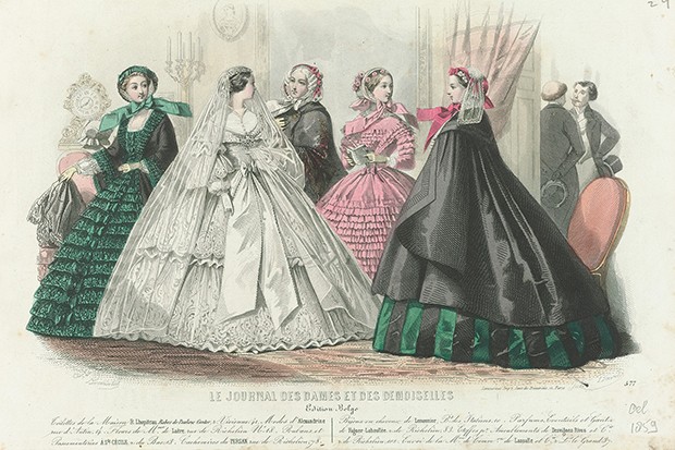 Five women, one of them in a wedding dress. In the background are two men in conversation from Le Journal des Dames and Demoiselles, October 1859 Engraving hand colors Bonnard, J. David, Jules (1808-1892) Lamoureux (Foto: Rijksmuseum)