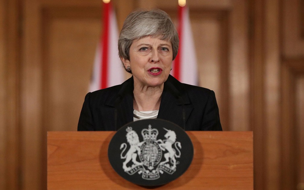 A primeira-ministra britÃ¢nica, Theresa May, durante pronunciamento sobre o Brexit, na quarta-feira (20) â Foto: Jonathan Brady/Pool via Reuters