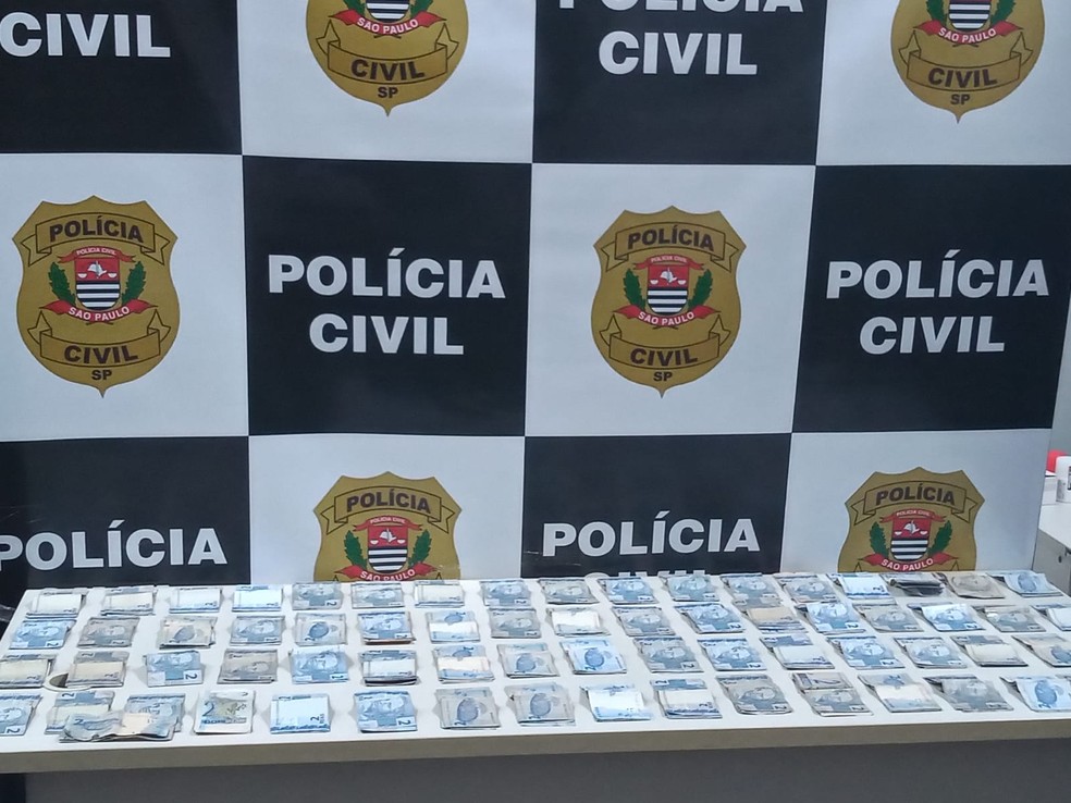 Foram apreendidas com os suspeitos grande quantidade de notas de R$ 2 roubadas de farmácias no interior de SP e em Uberlândia (MG) — Foto: Polícia Civil/ Divulgação