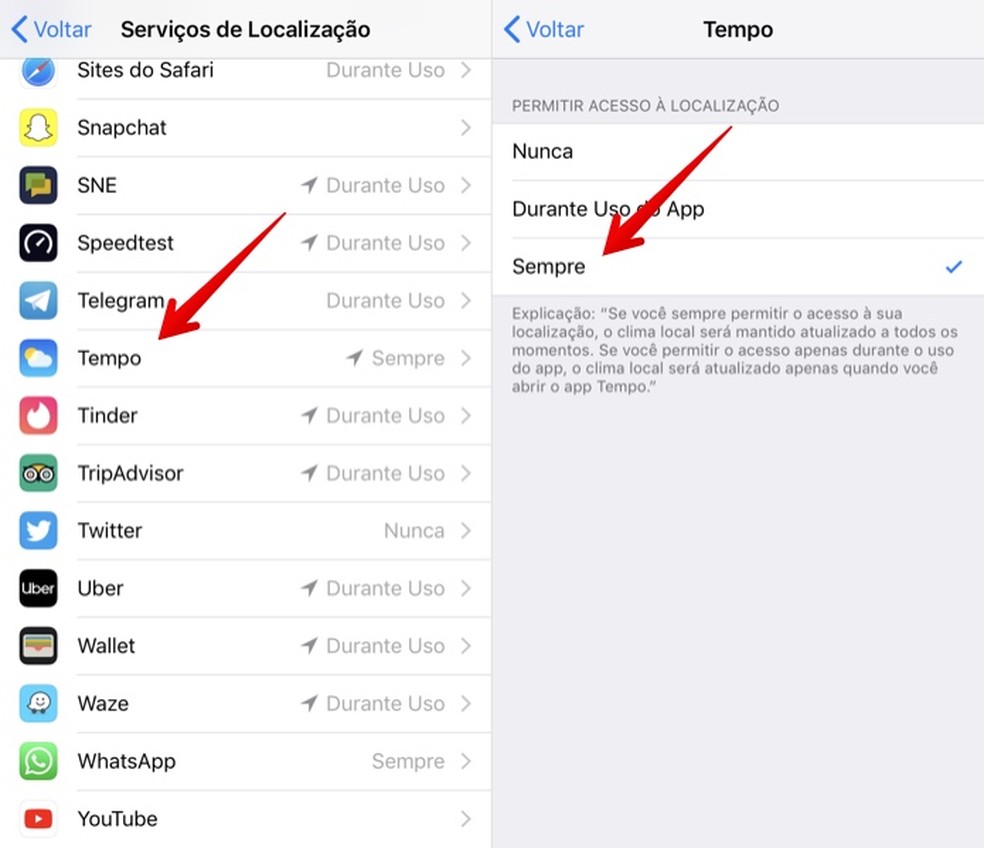 Permita que o app Tempo use a sua localização sempre pelo iPhone — Foto: Reprodução/Helito Beggiora