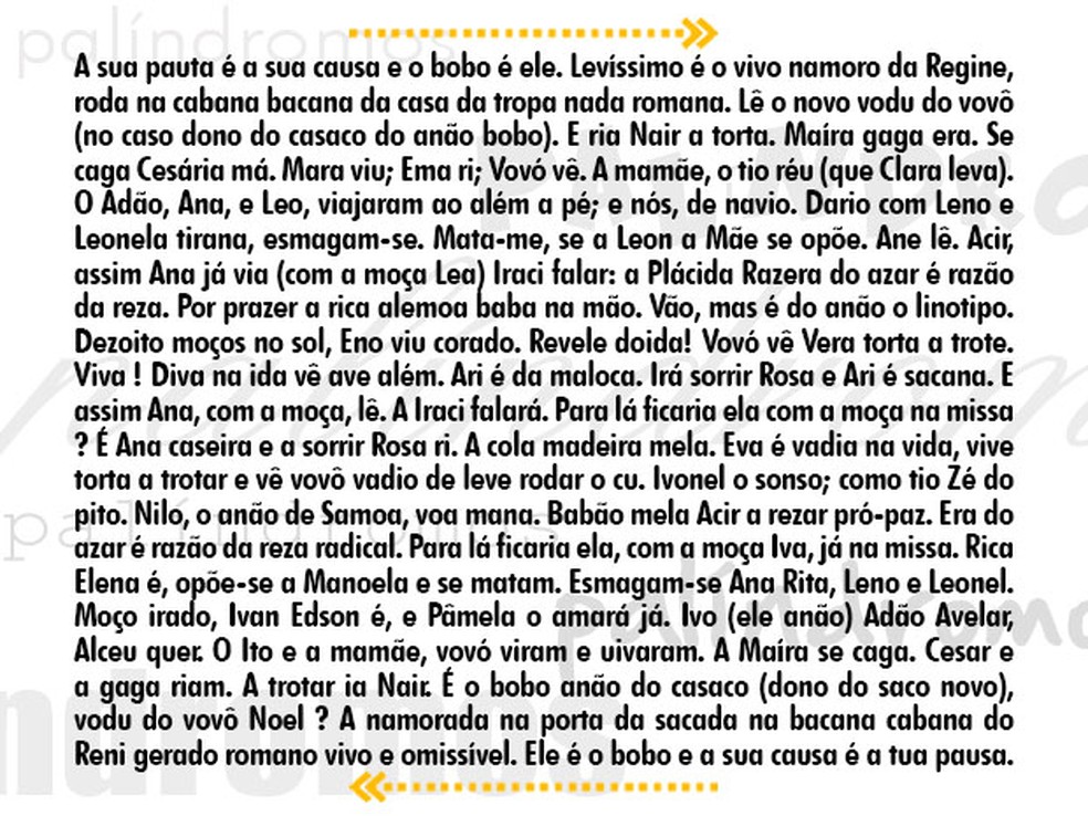Texto tem 356 palavras palindrômicas  — Foto: Arte RPC/Arquivo
