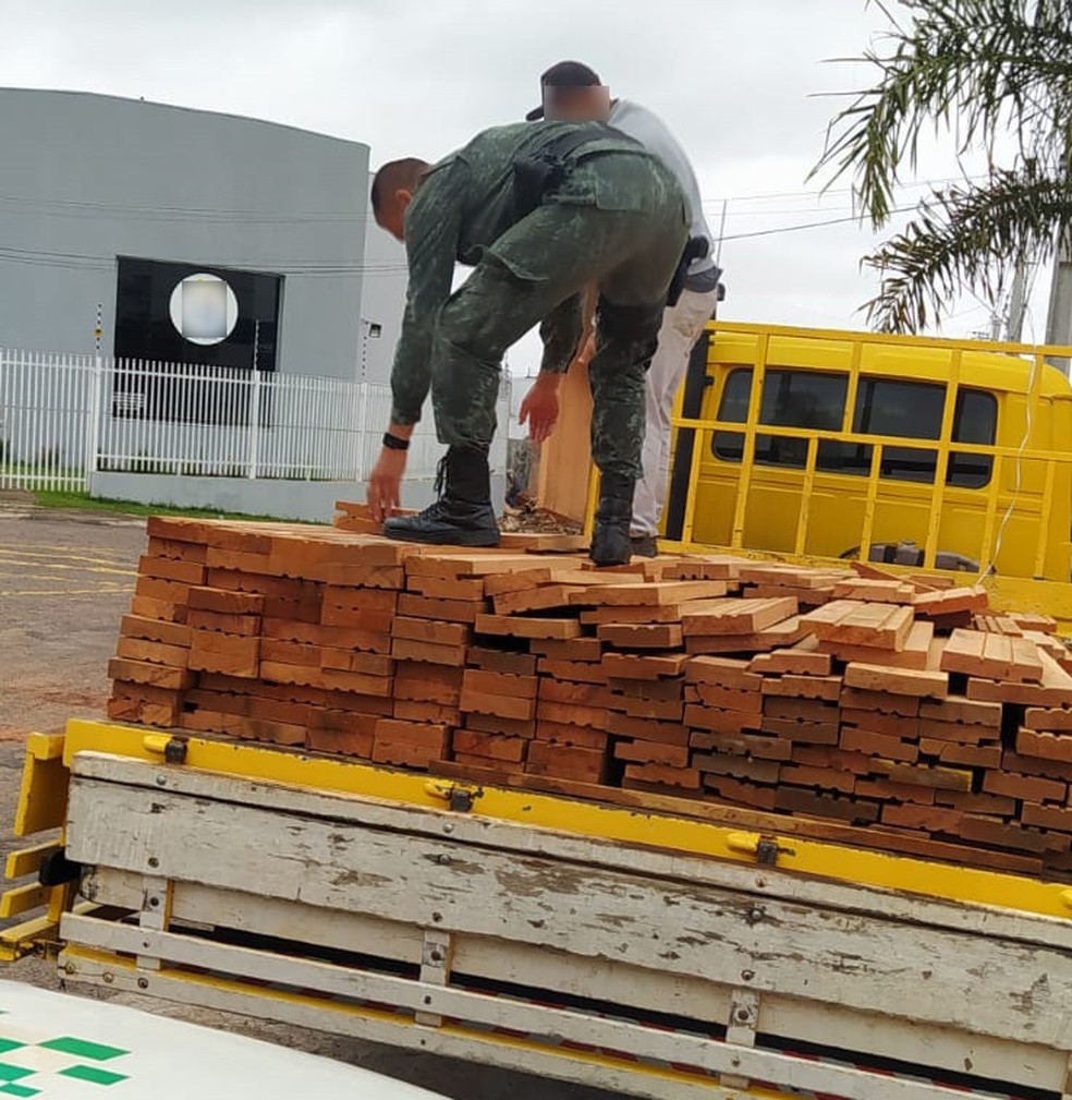 Homem é multado por depósito e transporte de madeira sem documentação, em Presidente Prudente (SP) — Foto: Polícia Ambiental