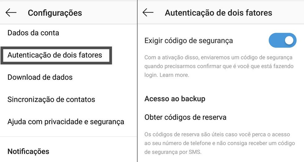 Hoje, autenticação de dois fatores do Instagram, disponível nas configurações do aplicativo, é feita somente por torpedo SMS. (Foto: Reprodução)