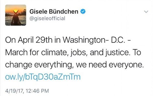 A mensagem de Gisele Bündchen convidando seus seguidores para um protesto contra Donald Trump (Foto: Twitter)