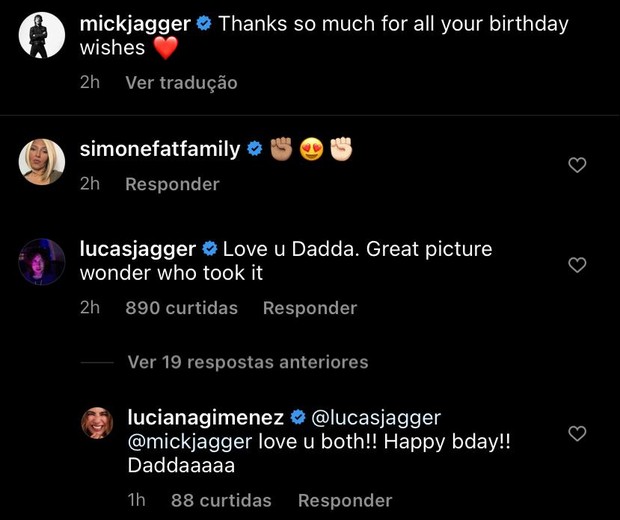 Comentários de Luciana Gimenez e Lucas Jagger para Mick Jagger (Foto: Reprodução/ Instagram)