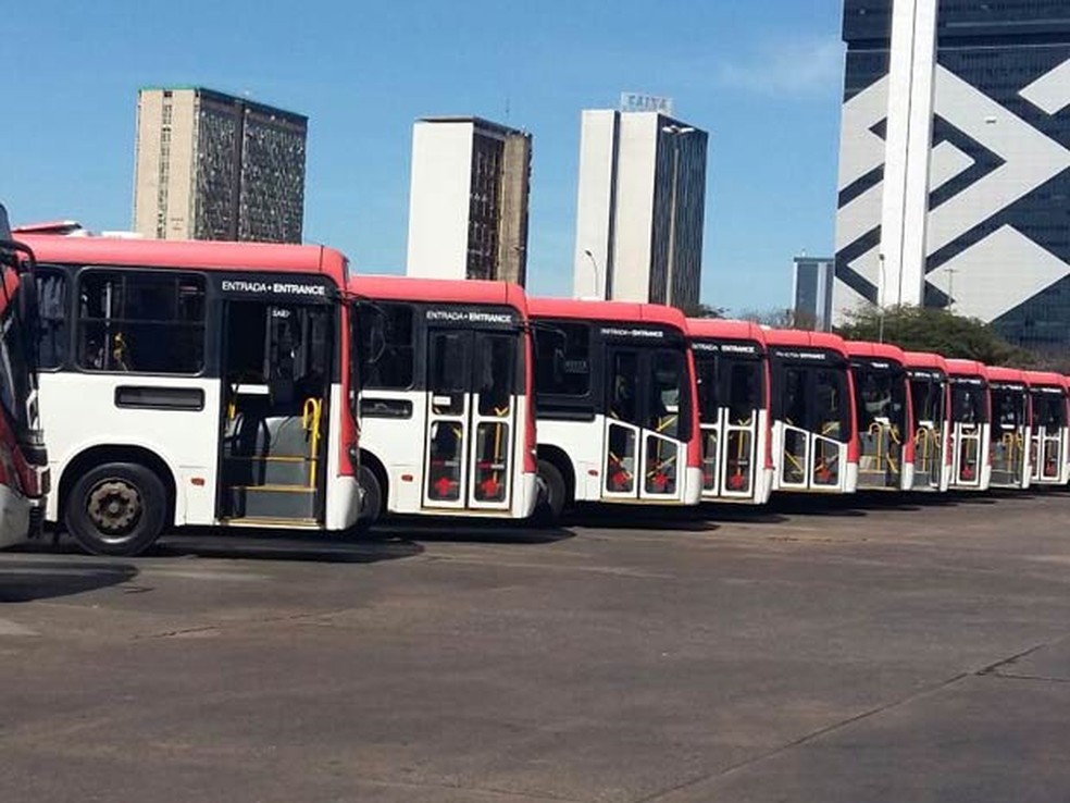 Ônibus parados na rodoviária do Plano Piloto, em Brasília, durante paralisação dos rodoviários nesta quarta — Foto: Isabella Calzolari/G1