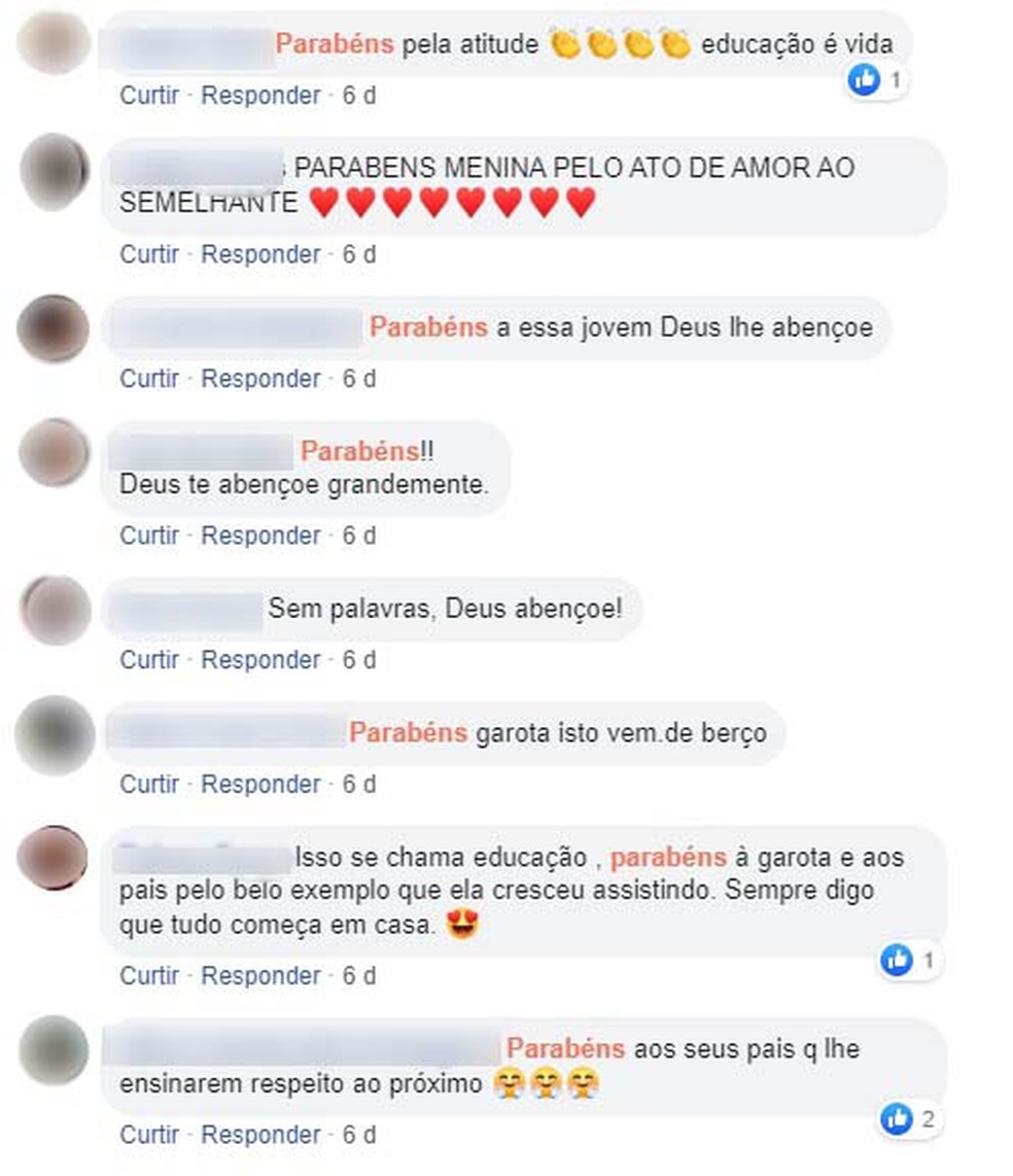 Internautas se sensibilizaram e deram parabéns para a jovem na publicação — Foto: Reprodução/Facebook