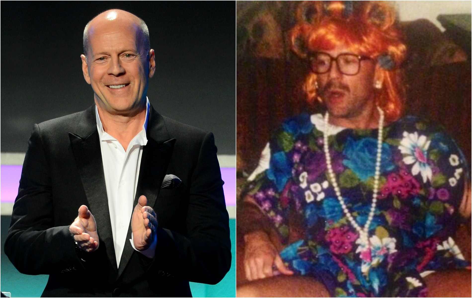 Bruce Willis e uma antiga foto sua vestido em trajes femininos. (Foto: Getty Images e Twitter)