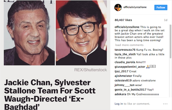 A mensagem de Sylvester Stallone celebrando a produção com ele e Jackie Chan (Foto: Instagram)