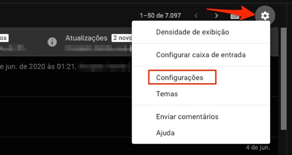 Ação para acessar as configurações de recursos do Gmail — Foto: Reprodução/Marvin Costa