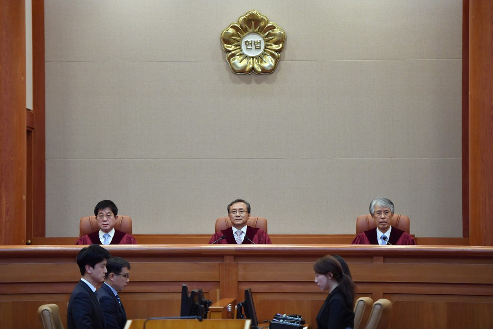 O Tribunal Constitucional da Coreia do Sul declarou, nesta quinta-feira (11), que a lei que proÃ­be o aborto no paÃ­s Ã© inconstitucional.  â€” Foto: Jung Yeon-je/Pool via Reuters