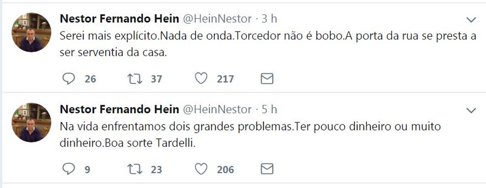 Diretor jurídico Nestor Hein falou em tom exaltado para Tardelli no Twitter — Foto: Reprodução / Twitter