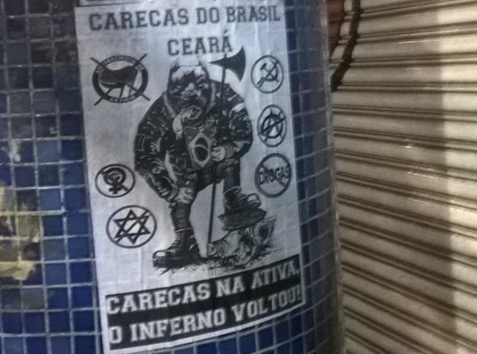 Grupo skinhead espalha panfletos com mensagens racistas nas ruas de Fortaleza (Foto: Reprodução)