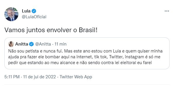 Lula interage com Anitta no Twitter (Foto: Reprodução/Twitter)