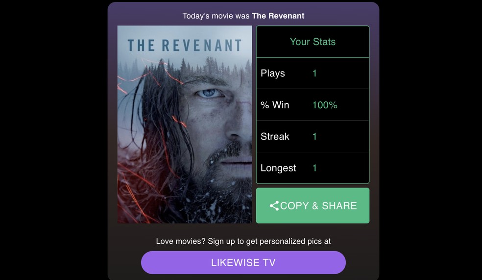 Moviedle tem uma extensa base de filmes, como O Regresso (The Revenant) — Foto: Reprodução/Luiza M. Martins