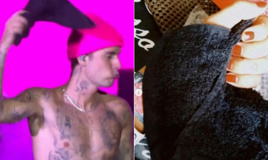 Justin Bieber lança toalha suada para plateia do Rock in Rio, e fã divide tecido 'no dente' durante disputa pelo item