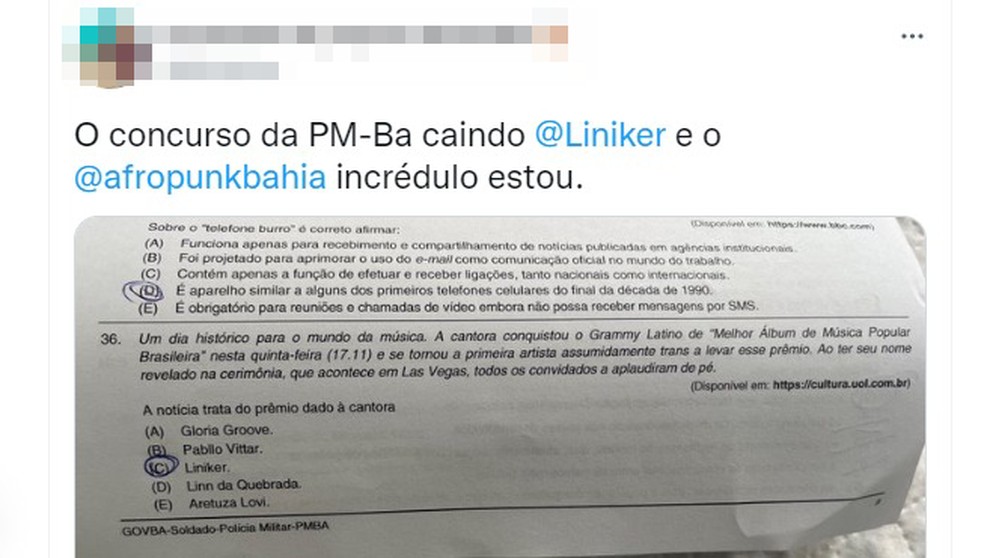 Questão do concurso da PM-BA sobre 1ª artista transgênero a conquistar Grammy Latino repercute nas redes sociais — Foto: Reprodução/Redes Sociais