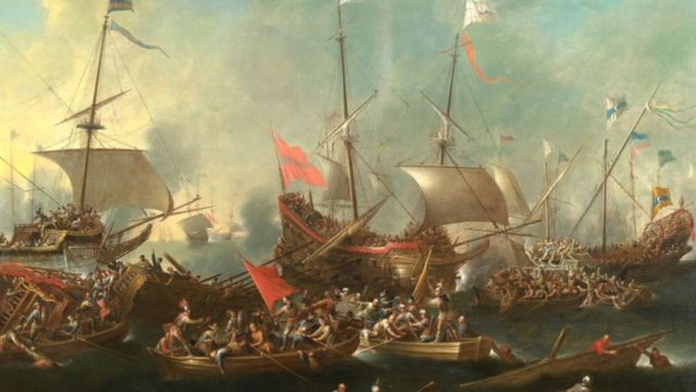 A derrota na Batalha de Lepanto em 1571 foi um golpe devastador para o Império Otomano. — Foto: Getty Images via BBC