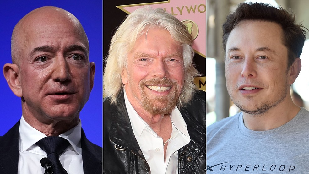 Da dir para a esq: Jeff Bezos, Richard Branson e Elon Musk fizeram fortuna em outros ramos, como a indústria da música e a internet, e querem ser os primeiros a mandar turistas ao espaço — Foto: Getty Images