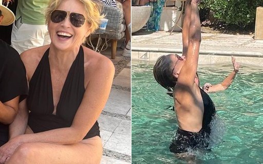 De maiô cavado, Sharon Stone posta se divertindo em piscina