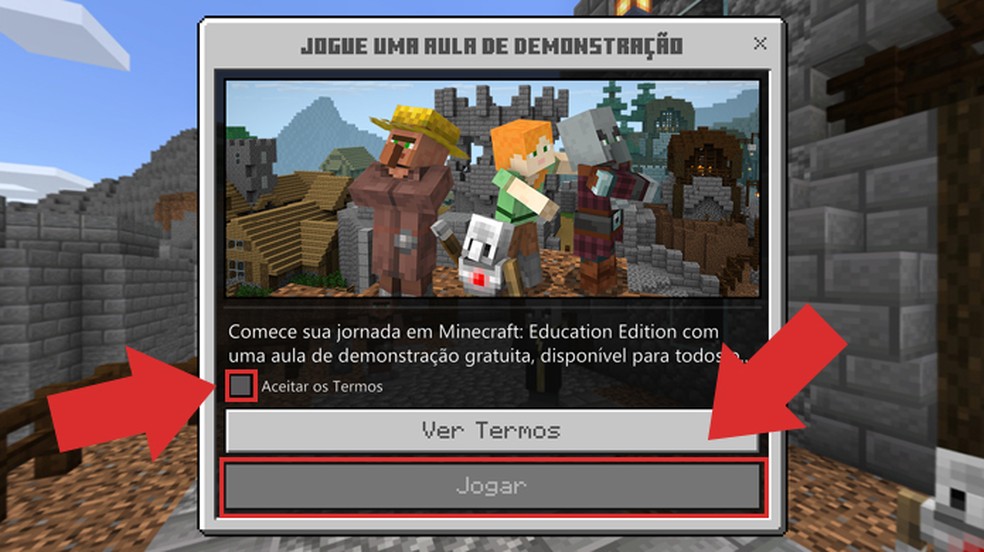 Não se esqueça de ler os termos de Minecraft Education Edition antes de concordar e prosseguir com o jogo — Foto: Reprodução/Nalu Dias