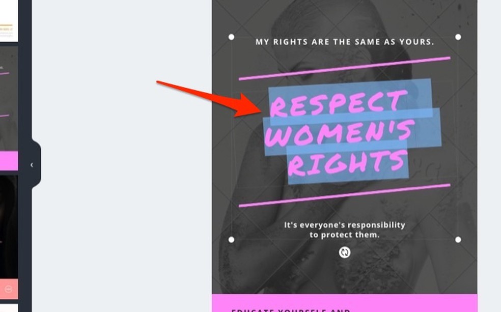 Ação para selecionar e modificar textos em um modelo de arte do serviço online Canva — Foto: Reprodução/Marvin Costa