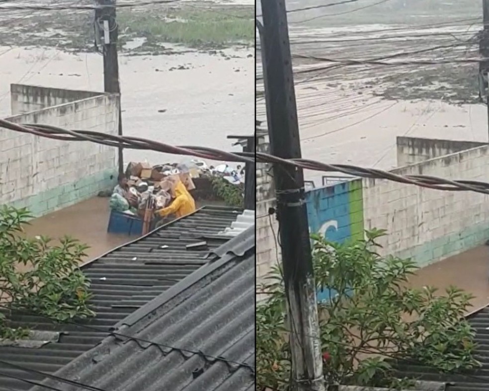 Catador de recicláveis vasculha uma caçamba de lixo em meio à enchente em Guarujá, no litoral de SP. — Foto: Arquivo Pessoal