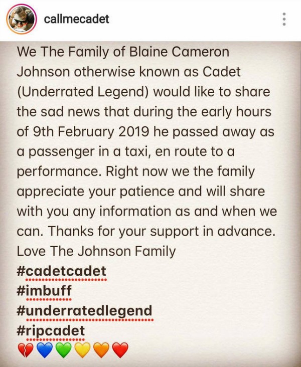 Mensagem publicada pela família do Cadet (Foto: Reprodução Instagram)
