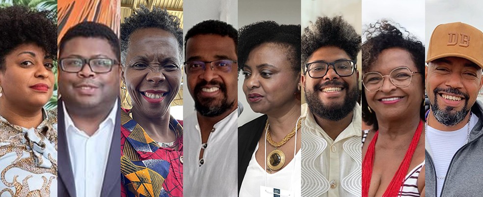 Da esquerda para a direita, Preta Ferreira; Thiago Thobias; Iêda Leal; Martvs Chagas; Nilma Lino Gomes; Yuri Silva; Givânia Maria Silva e Douglas Belchior  — Foto: Reprodução 